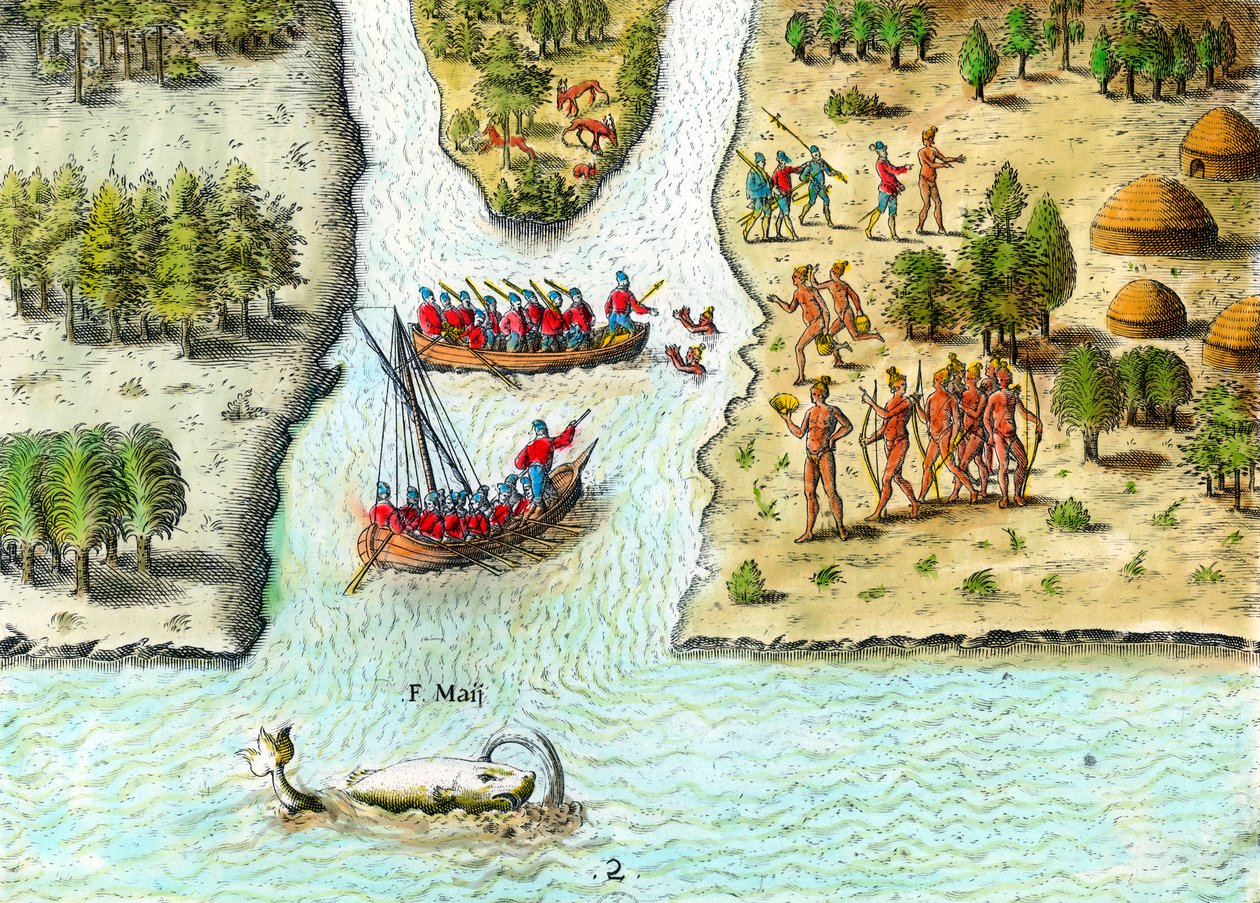Żegluga Francuzów w Ameryce Południowej w XVI wieku”. Reprezentowany jest wieloryb. Grawer z „Historii Ameryki” Theodore