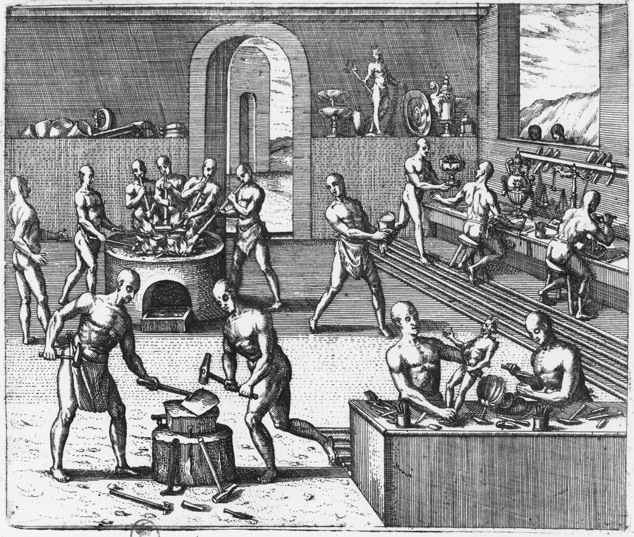 Peruwiańskie złotniki, z „America Turtle Pars V” (Grawerowanie) (zdjęcie czarno-białe) autorstwa Theodore de Bry