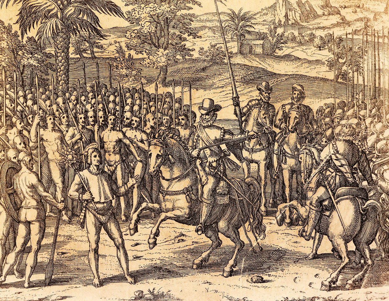 Pizarro witany przez tubylców, ilustracja z historii Ameryki, Theodore de Bry autorstwa Theodore de Bry