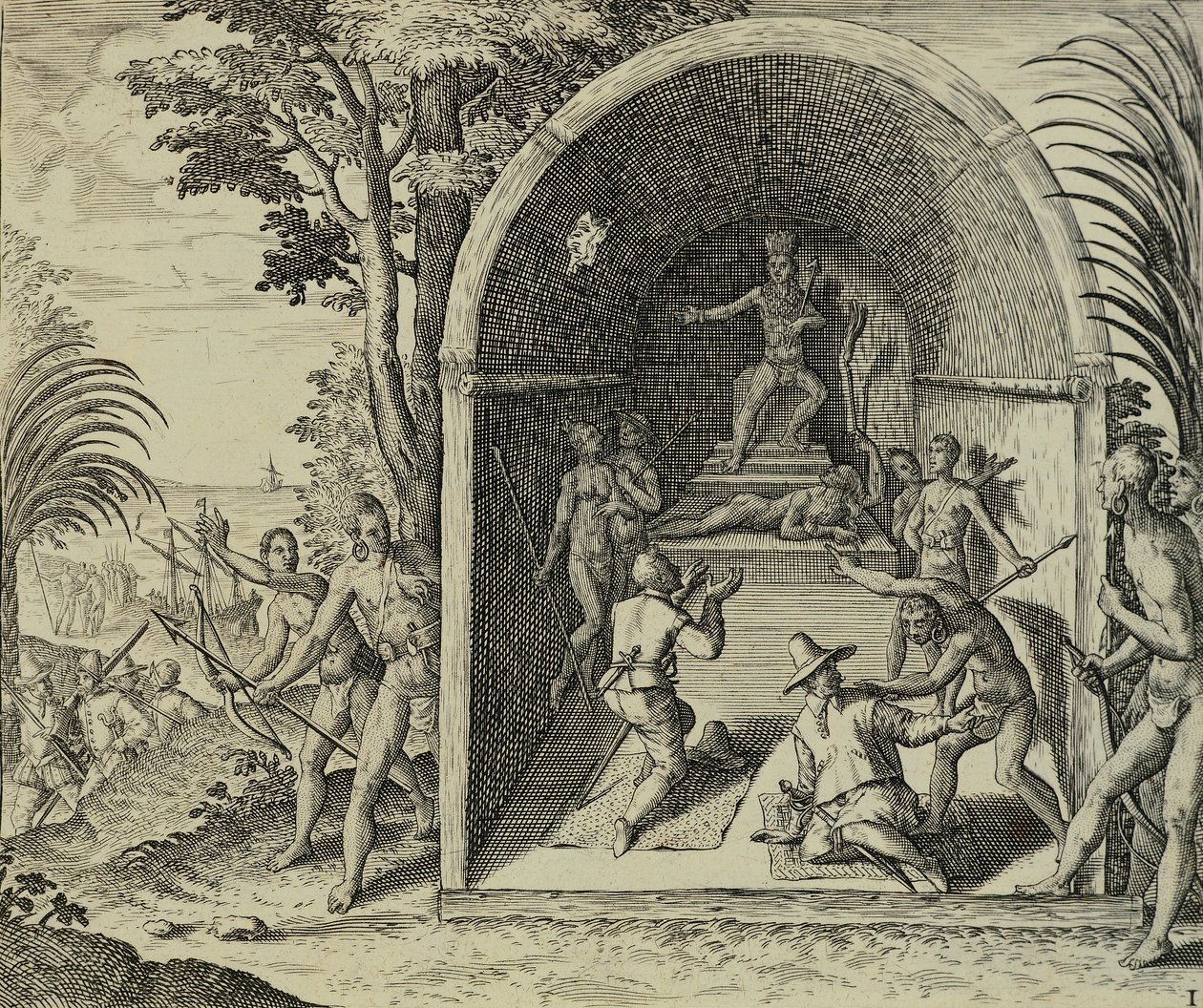 Portugalscy nawigatorzy przybywający do Etiopii, ilustracja z Indii Wschodnich autorstwa Antonio Pigafetta, autorstwa Theodore de Bry autorstwa Theodore de Bry