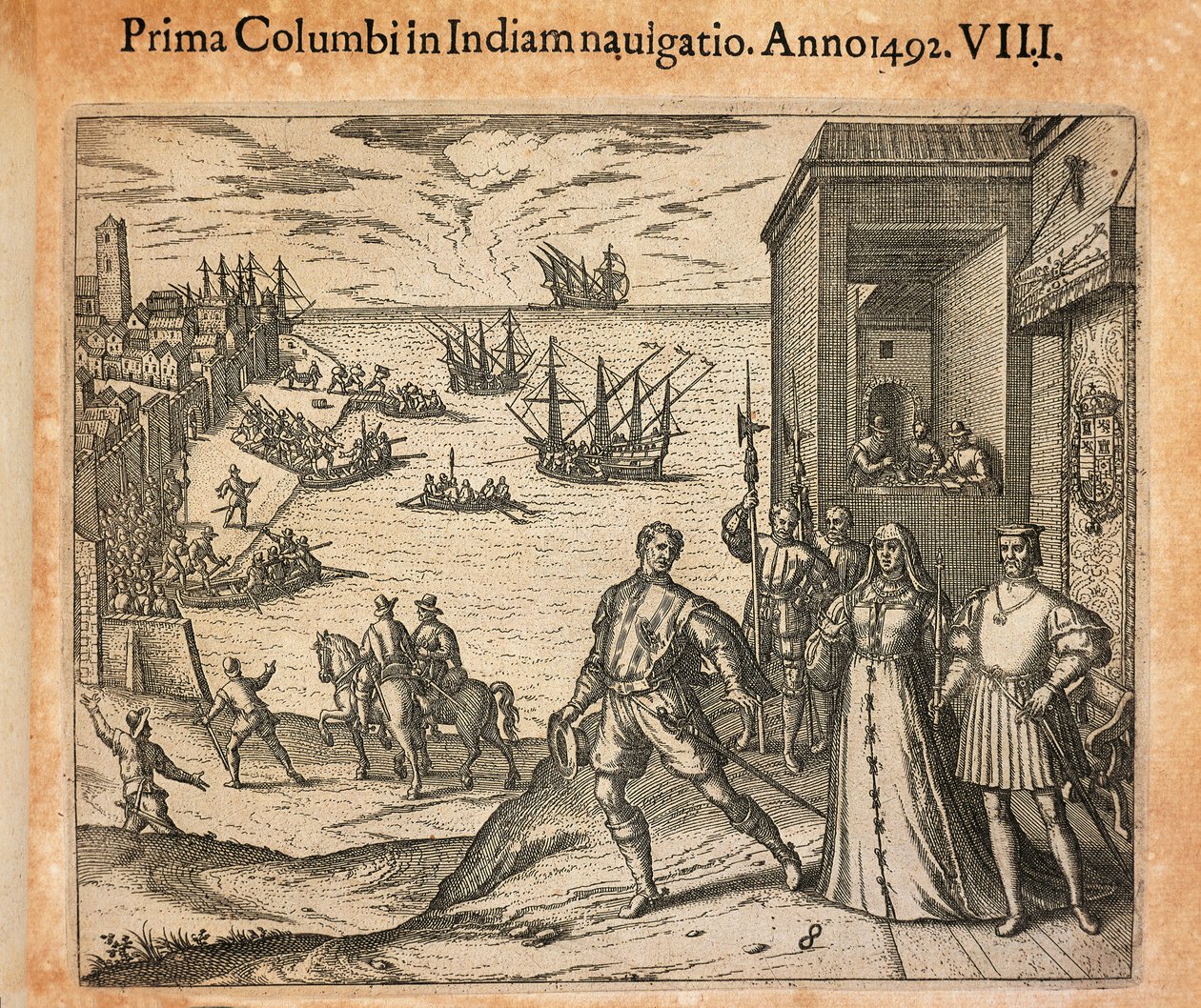 Królowa Izabela i Król Ferdynand witają odejście Krzysztofa Kolumba w Palos, Hiszpania, rycina Theodor de Bry (1528-1598) autorstwa Theodore de Bry