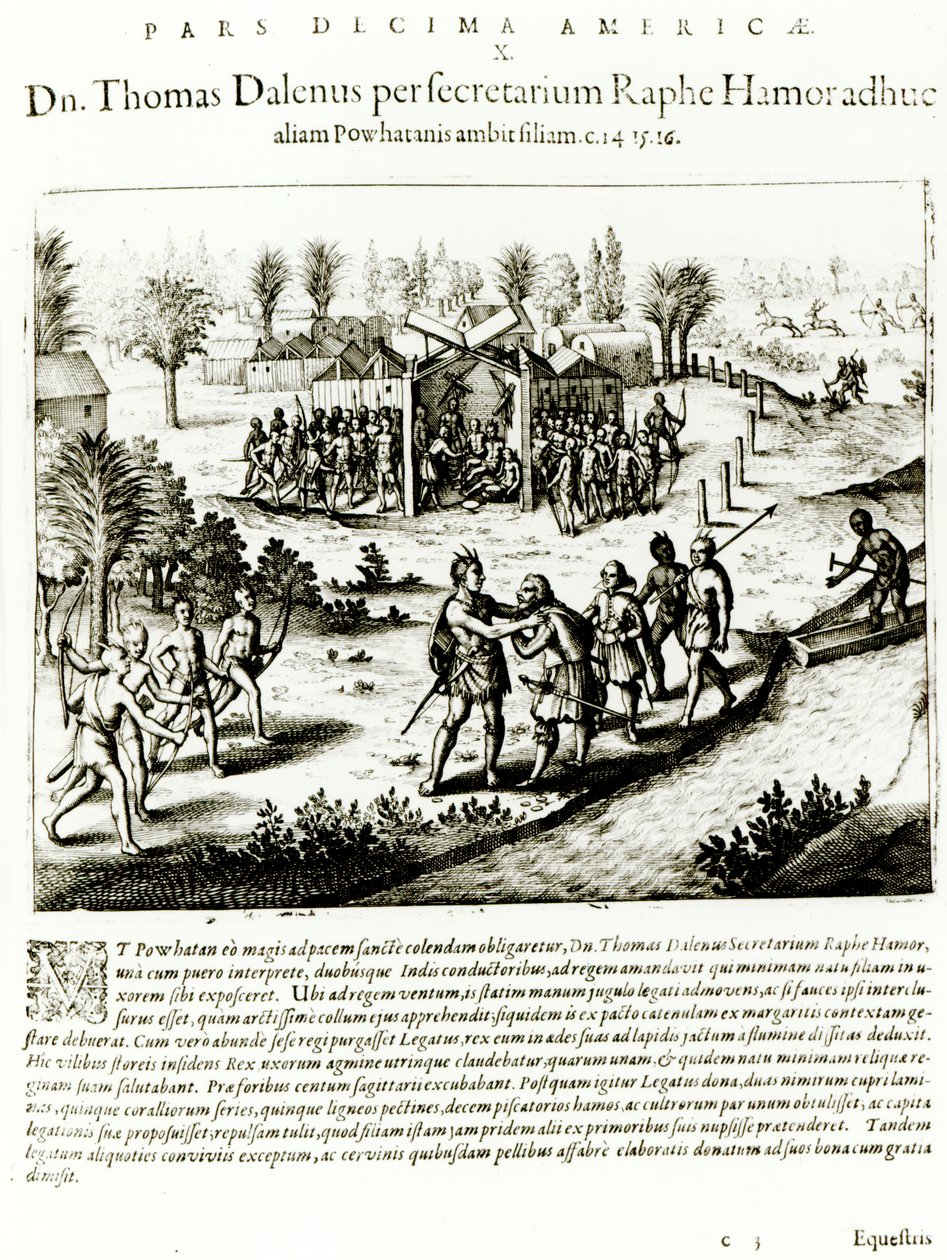 Ralph Hamor odwiedza Powhatan, 1619 (rycina) (bw zdjęcie) autorstwa Theodore de Bry