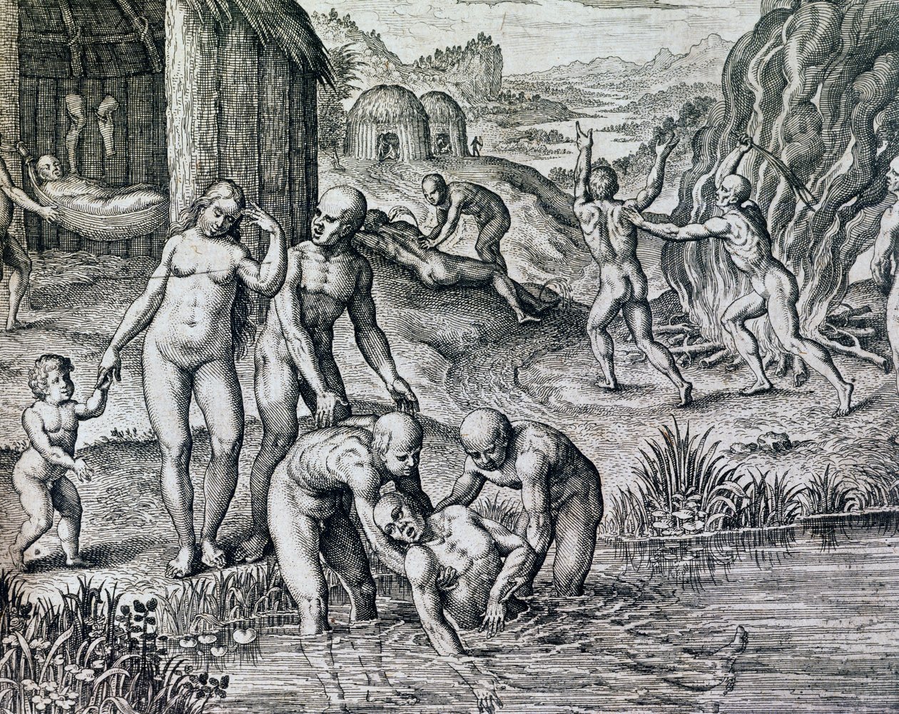 Środki stosowane przez tubylców przeciwko chorobom, rycina z Historia America, Theodor de Bry (1528-1598), Frankfurt autorstwa Theodore de Bry