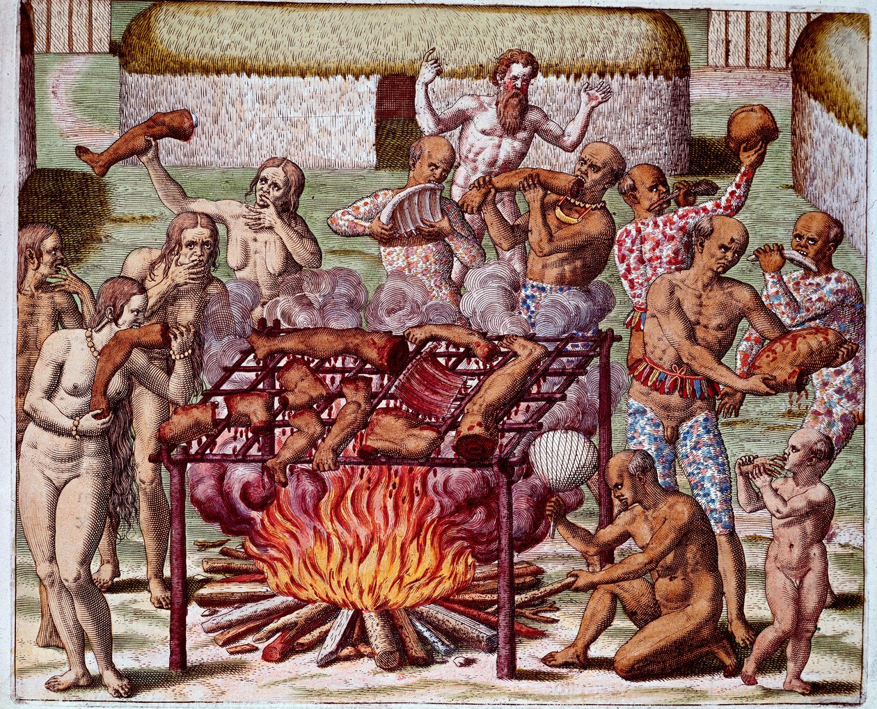 Scena kanibalizmu w Brazylii Indianie pożerali swoich wrogów i więźniów. Grawer z „Admirante Narratio Americae” Theodore de Bry (1528-1598) autorstwa Theodore de Bry