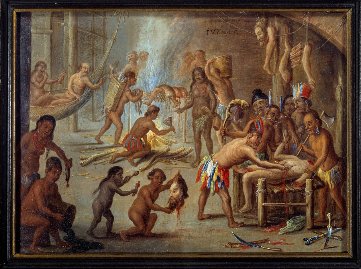 Scena kanibalizmu w Brazylii w 1644 r. Indianie pożerali swoich wrogów i więźniów. Obraz Jana van Kessela dit le vieux (1626-1679) (ec.flam.) z ilustracji podróży Teodora de Bry do Brazylii. Słońce. 0,18x0,24 m La Rochelle, muzeum d autorstwa Theodore de Bry