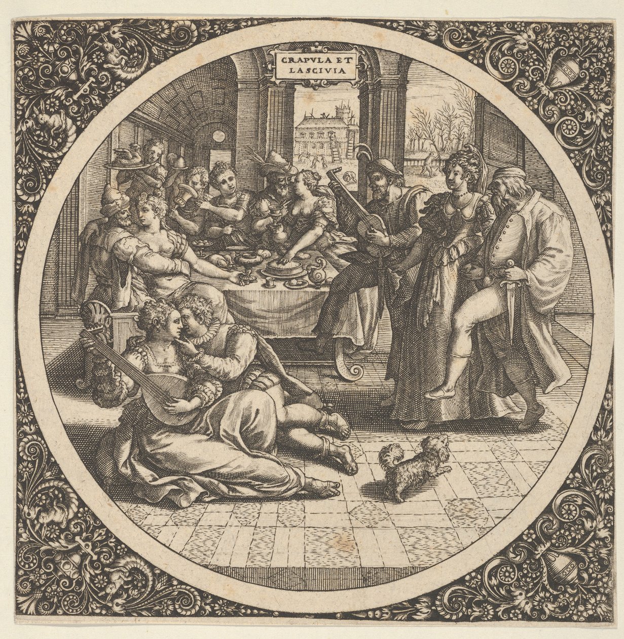 Scena z Galantsem na bankiecie w kręgu w centrum, 1580-1600. autorstwa Theodore de Bry