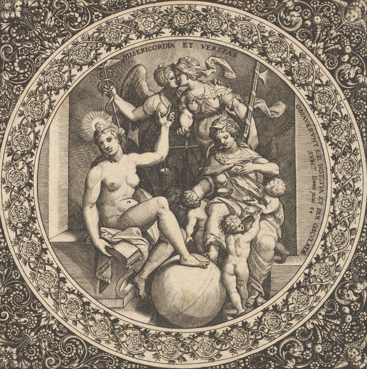 Scena z Misericordią i Veritas w kręgu w centrum, 1580-1600. autorstwa Theodore de Bry