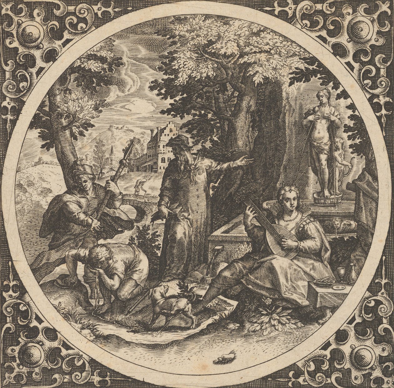 Scena z ostrzeżeniem przed chorobami wenerycznymi w kręgu w Centrum, 1580-1600. autorstwa Theodore de Bry