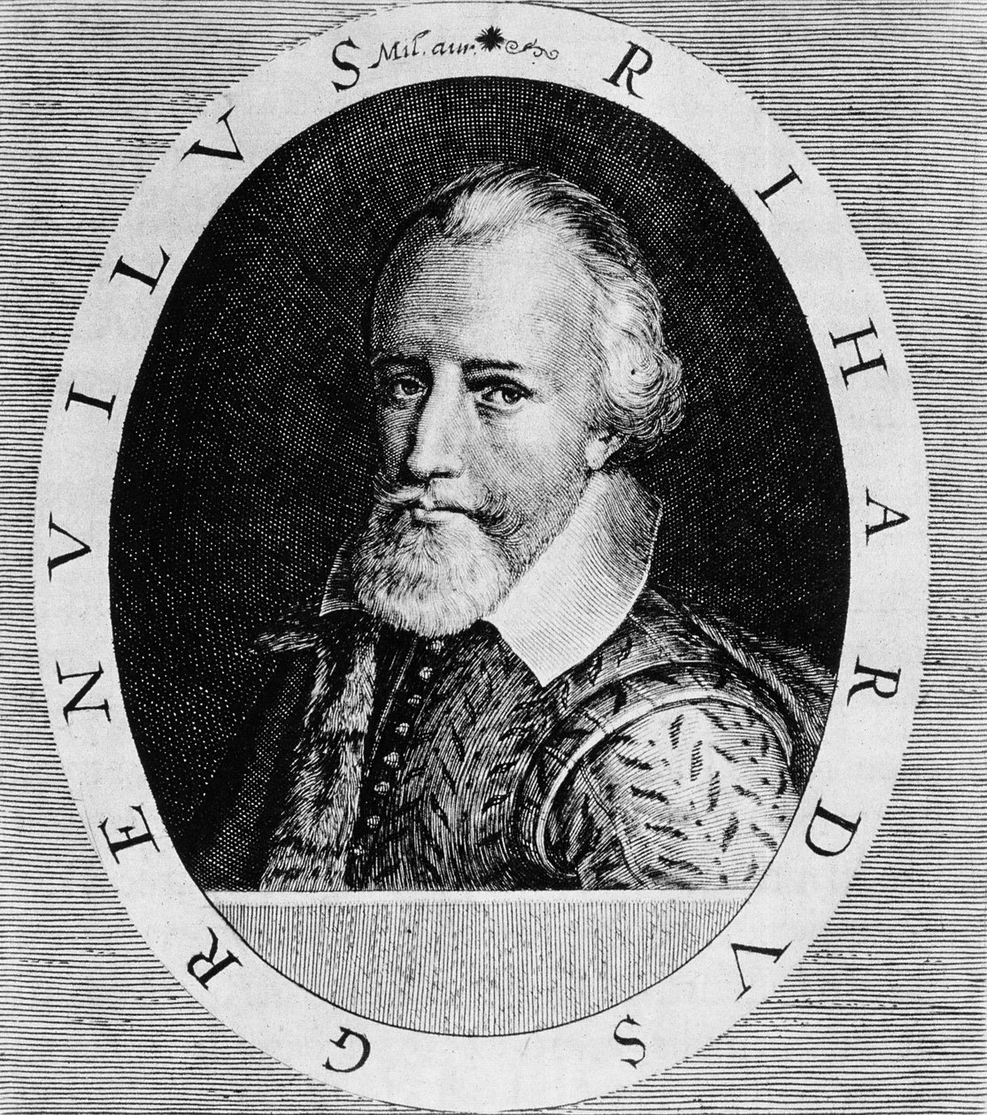 Sir Richard Grenville (ok. 1541-91), z „Newe Welt und Americanische Historien” Johanna Ludwiga Gottfrieda, wyd. Mattaeus Merian, Frankfurt, 1631 autorstwa Theodore de Bry