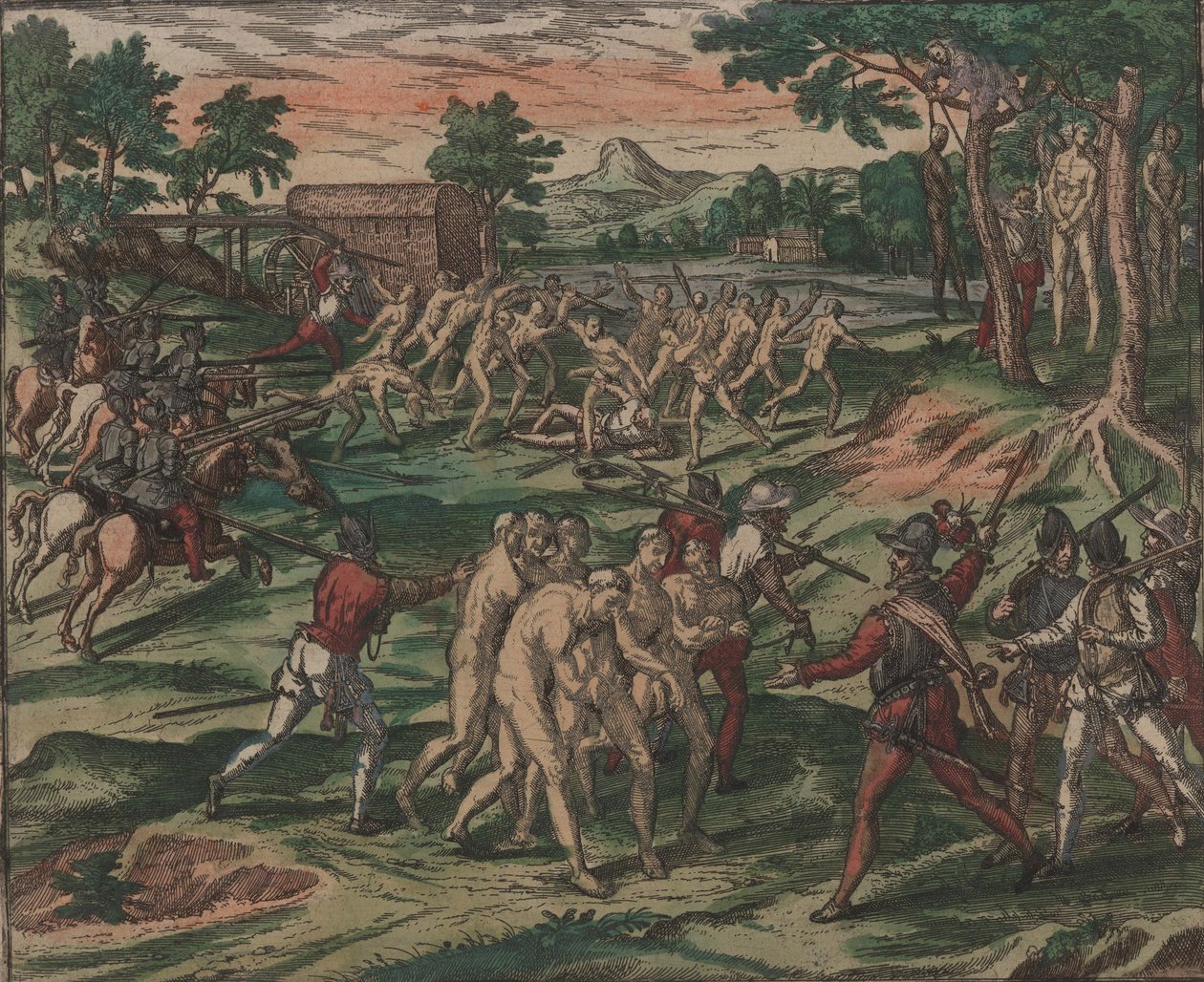Niewolnicy próbują pokonać swoich hiszpańskich właścicieli, ale zostają schwytani i powieszeni na drzewach, 1595. autorstwa Theodore de Bry