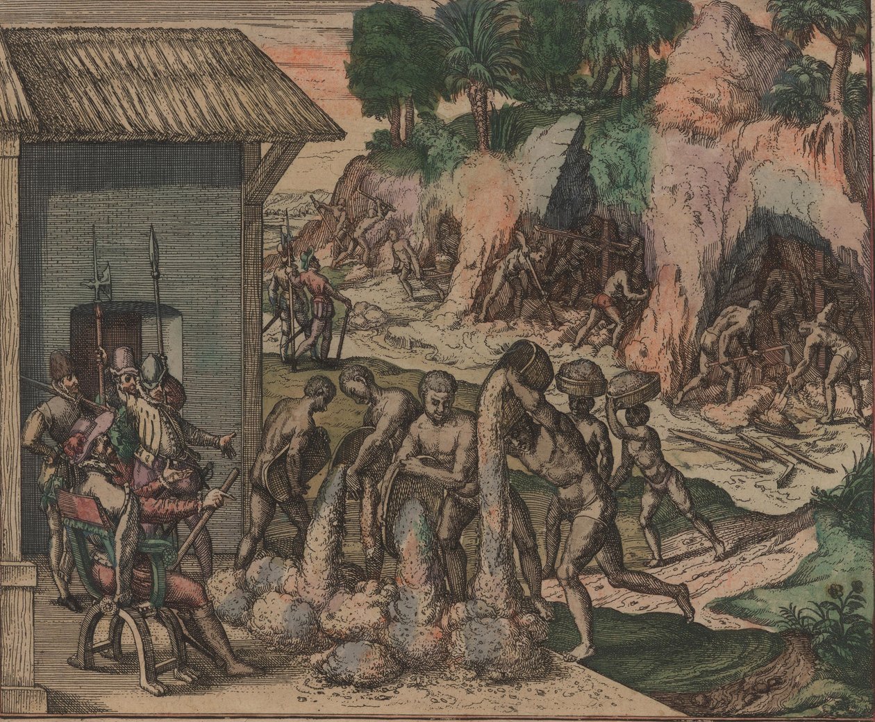 Niewolnicy przelewają rudę na oczach europejskich żołnierzy. W tle niewolnicy pracują w kopalniach, 1595. autorstwa Theodore de Bry