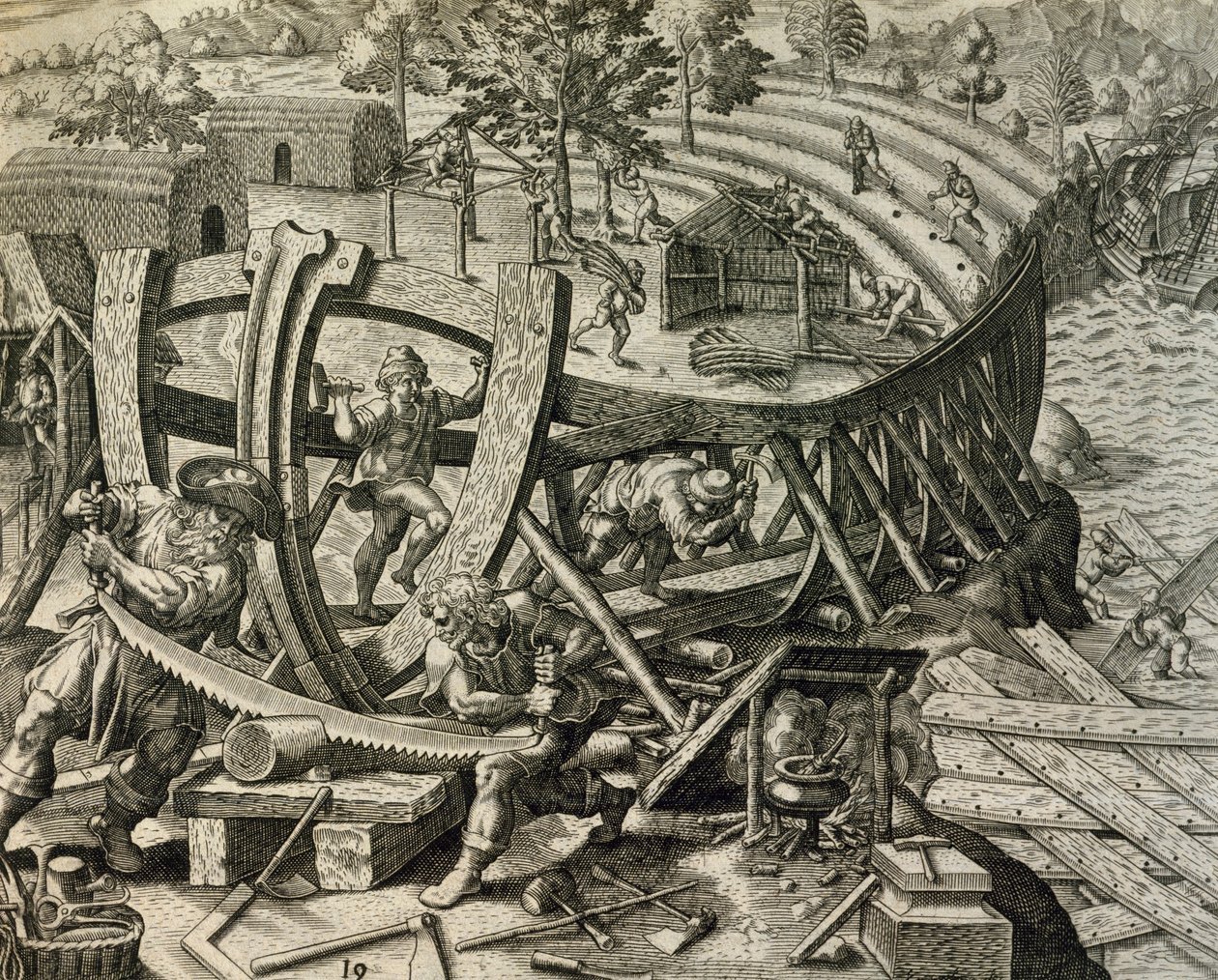 Hiszpańscy marynarze budujący karawelę, rycina z Historia Americae autorstwa Theodora de Bry (1528-1598) autorstwa Theodore de Bry