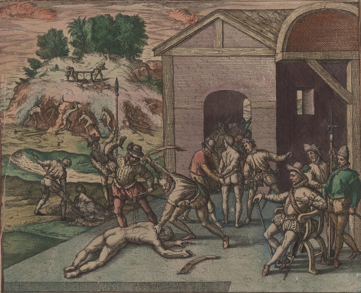 Hiszpańscy żołnierze obserwują i wykonują karę niewolnika, 1595. autorstwa Theodore de Bry