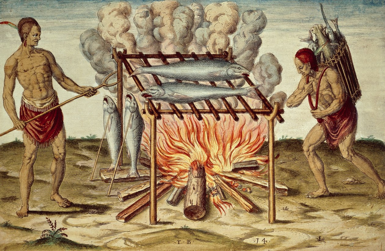 Tubylcy Taino gotujący ryby, kolorowa rycina Theodora de Bry (1528-1598) z obrazu Johna White