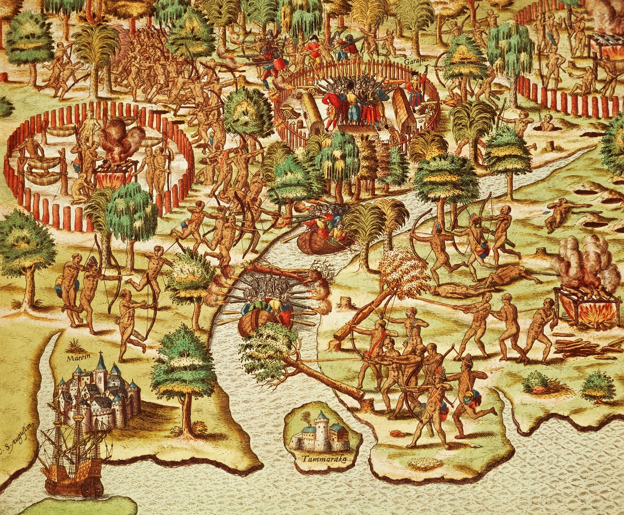 Techniki oblężenia i ataku, rycina Theodor de Bry (1528-1598), z Americae tertia pars autorstwa Theodore de Bry