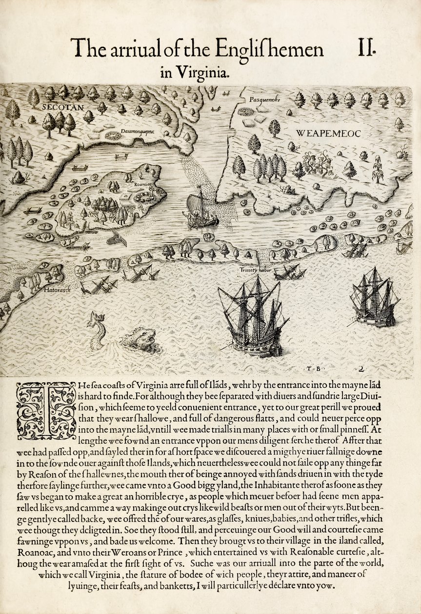 „Przybycie Anglików do Wirginii”, z „Briefe and True Report of the New Found Land of Virginia” Thomasa Harriota (rycina) autorstwa Theodore de Bry