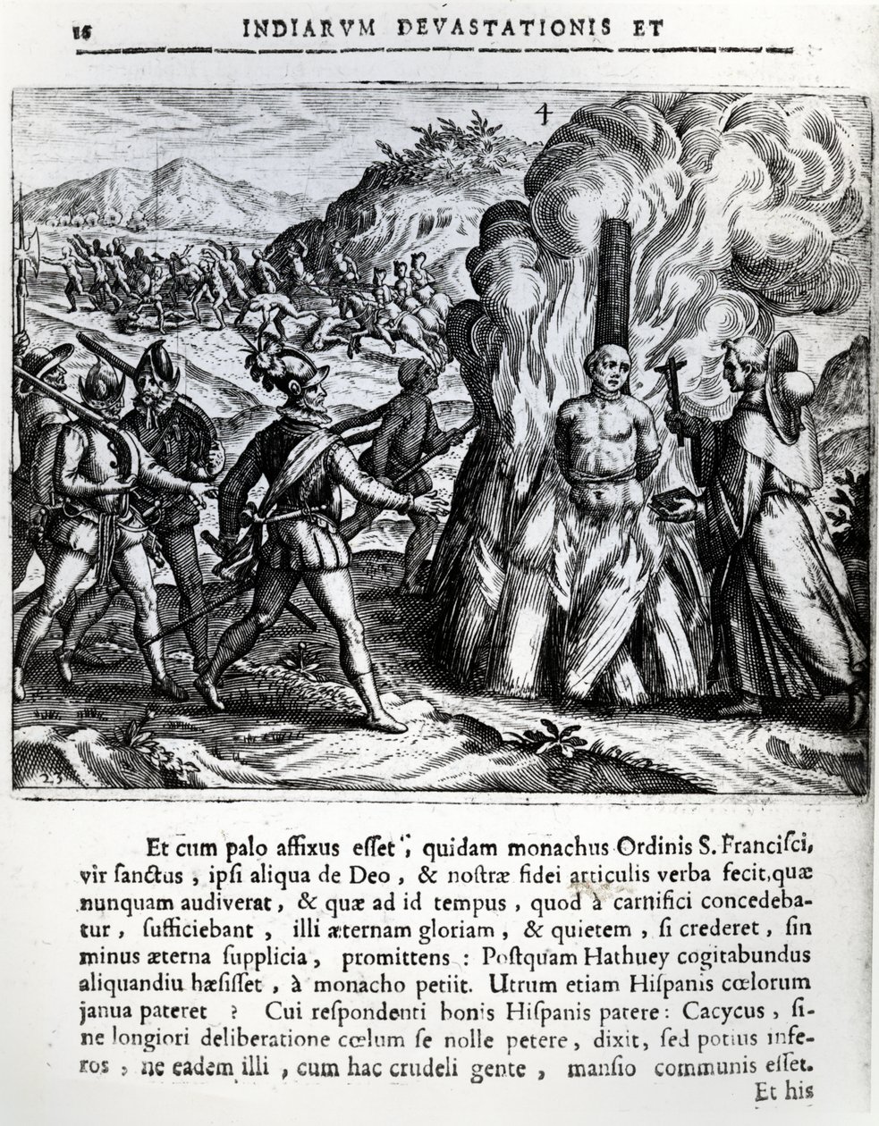 Spalenie Hatuey przez Hiszpanów w Yara na Kubie 2 lutego 1512 1664 autorstwa Theodore de Bry