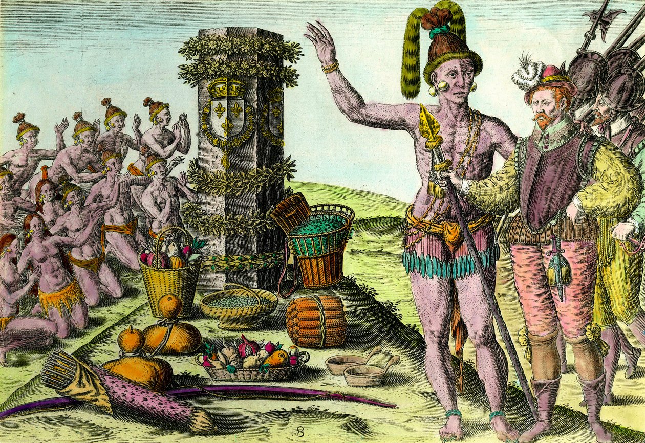 Florydzi przybyli na erygeę kolumnową francuskiego żeglarza Jeana Ribaulta (1520-1565) z pierwszej wyprawy na Florydę Grawerowanie z „Historii Ameryki” Theodore