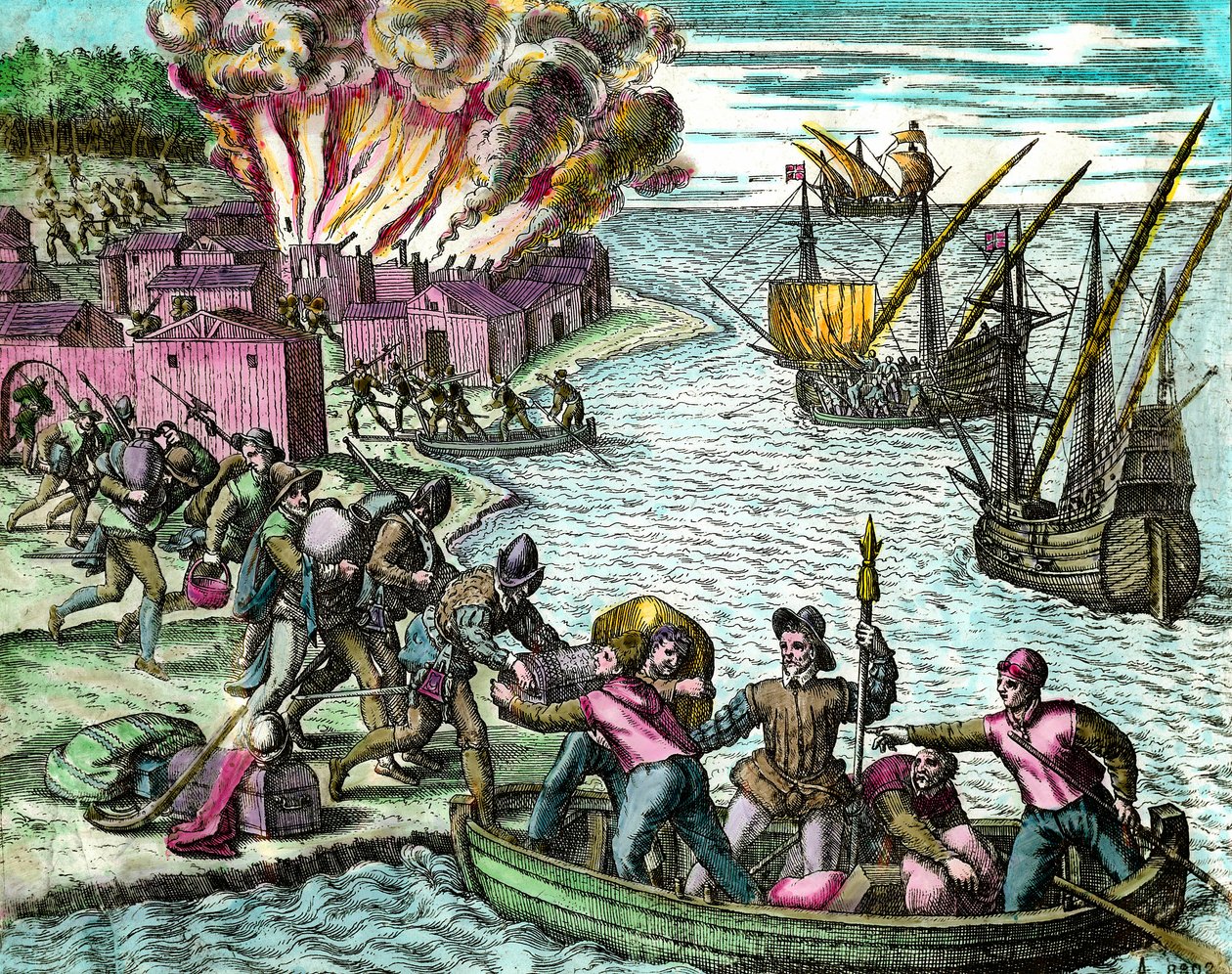 Francuzi plądrują i palą miasto Chioreran Grawerowanie z „Historii Ameryki” Theodore de Bry (1528-1598) XVI-wieczna kolekcja prywatna autorstwa Theodore de Bry