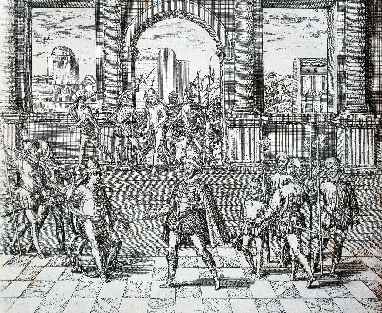 Król Inków Atahualpa wzięty do niewoli przez Hiszpanów w Cajamarca, Illuistration from American History by Theodore de Bry autorstwa Theodore de Bry