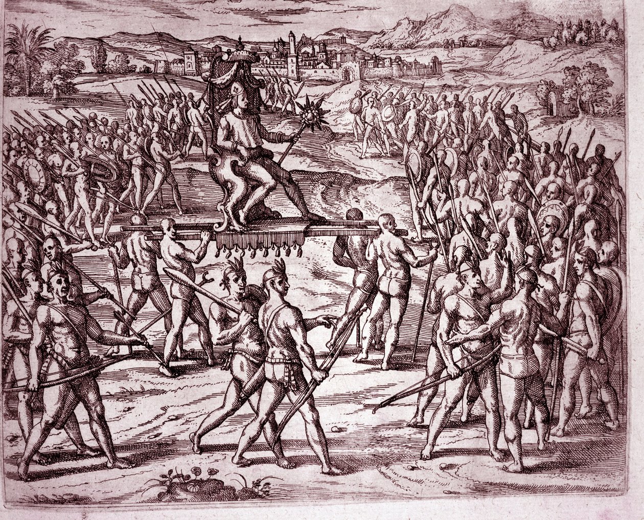 Król Inków, Atahualpa (lub Atabaliba), trzymający berło w kształcie słońca, jest niesiony na lektyce na spotkanie z Francisco Pizarro (Grawerowanie autorstwa Theodore de Bry