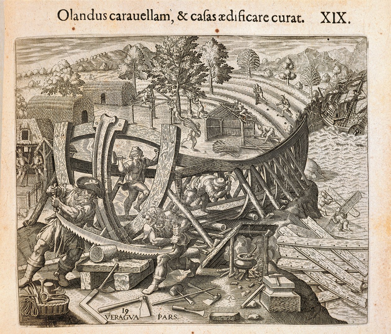 Hiszpanie budują swój pierwszy statek w Nowym Świecie, grawerowany przez Theodora de Bry (1528-1598) z Ameryki autorstwa Theodore de Bry