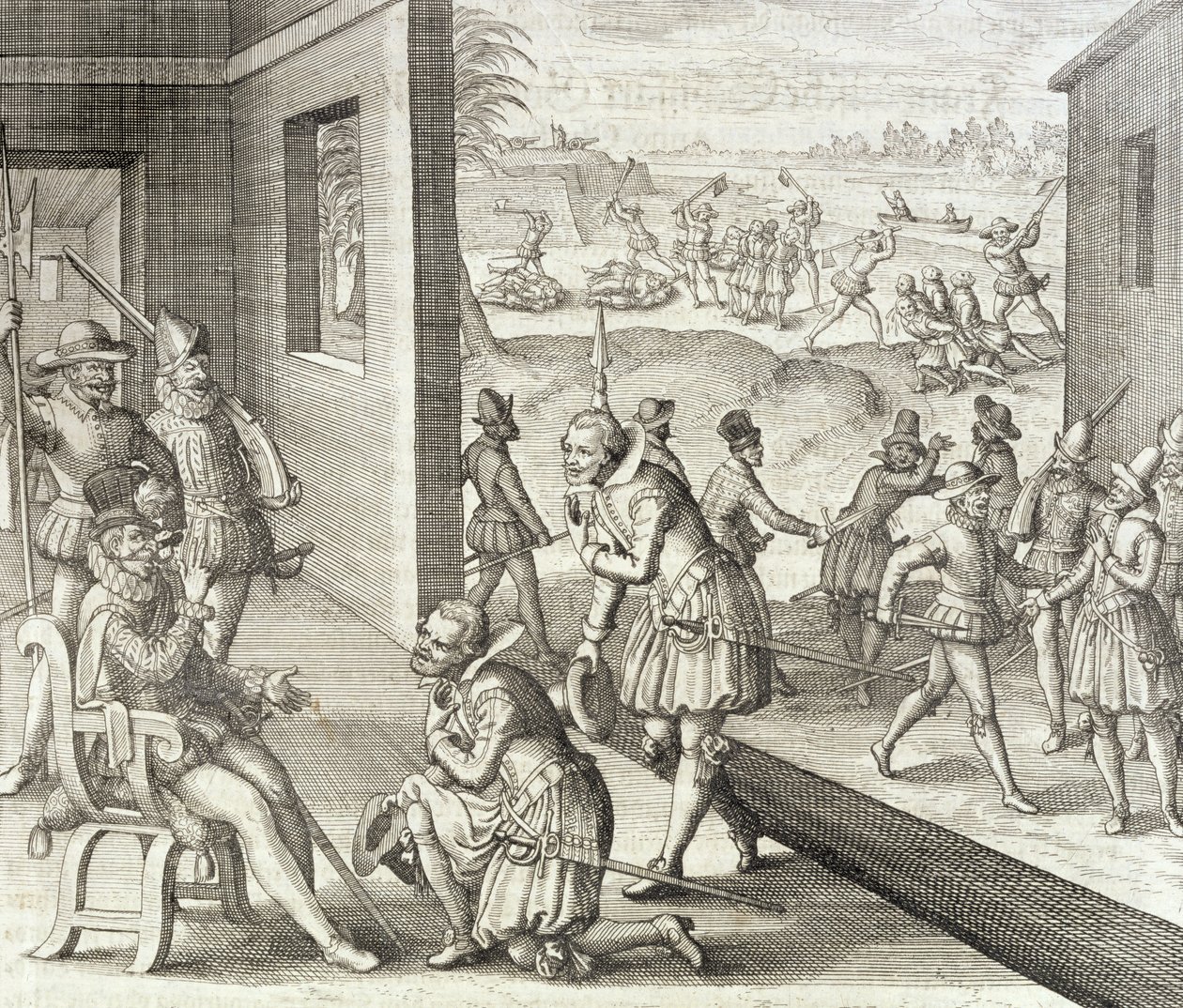 Hiszpanie zdobywają Fort Caroline, 1565, z "Newe Welt und Americanische Historien" Johanna Ludwiga Gottfrieda, wydanej przez Mattaeusa Meriana, Frankfurt, 1631. autorstwa Theodore de Bry