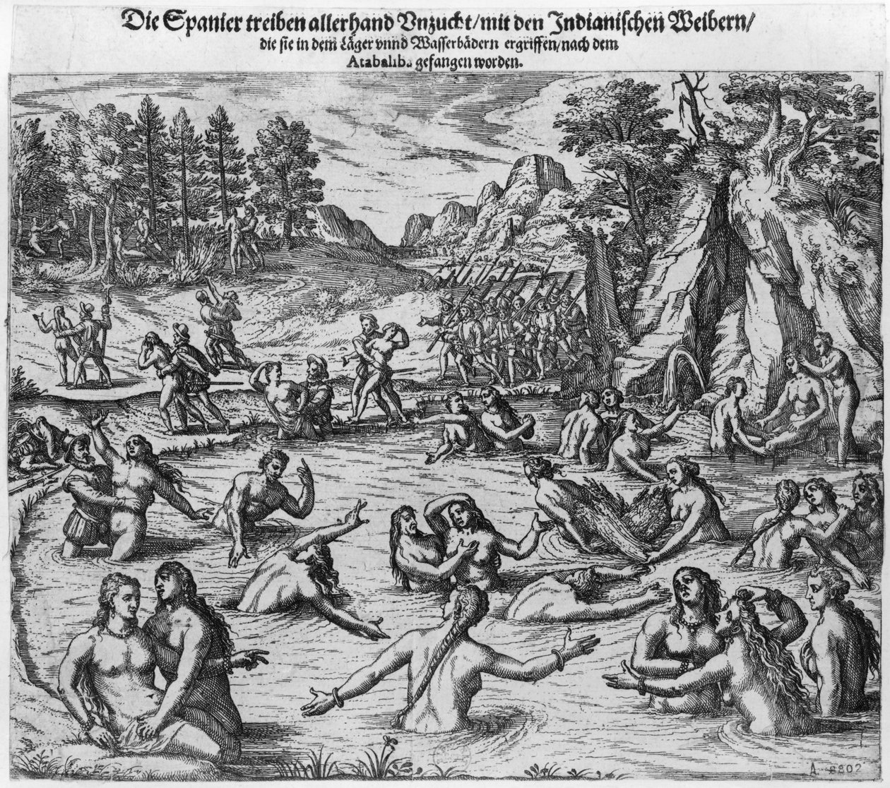 Hiszpanie nadużywają indyjskich kobiet po schwytaniu króla Atahualpy (ok. 1502-33) w 1532 r autorstwa Theodore de Bry
