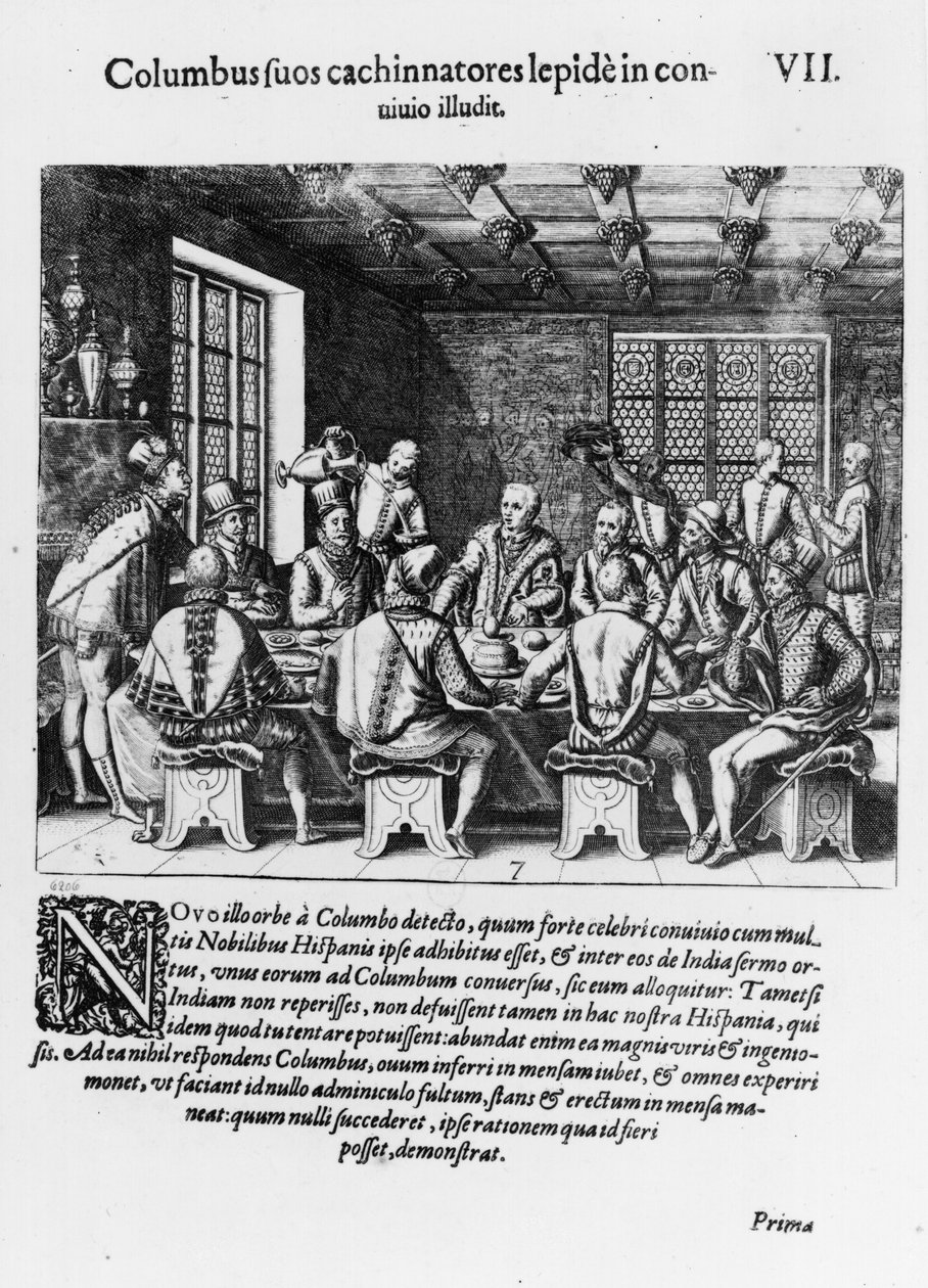 Historia jajka Krzysztofa Kolumba (1450-1506) 1585-88 (rycina) (fot. bw) autorstwa Theodore de Bry