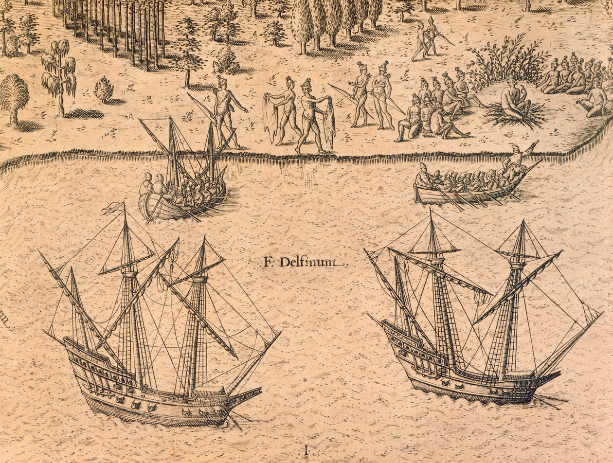 Przybycie francuskich statków na Florydę autorstwa Theodore de Bry