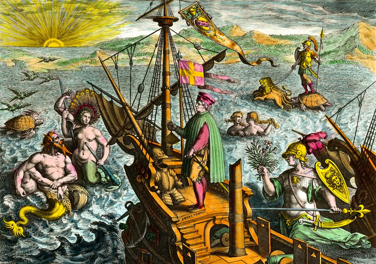 Łódź włoskiego nawigatora Amerigo Vespucci (1454 - 1512) autorstwa Theodore de Bry
