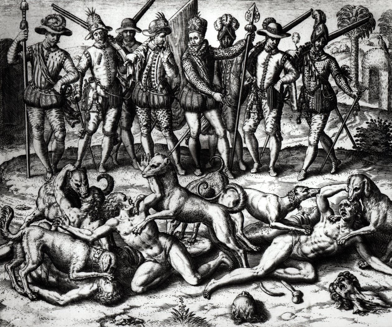 Psy Vasco Nuneza de Balboa (1475-1571) atakujące Indian autorstwa Theodore de Bry