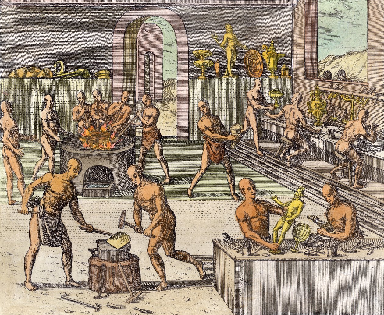 Warsztat złotników Atahualpy w Quito, z relacji Girolamo Benzoni, z „Newe Welt und Americanische Historien” Johanna Ludwiga Gottfrieda, wyd. Mattaeus Merian, Frankfurt, autorstwa Theodore de Bry