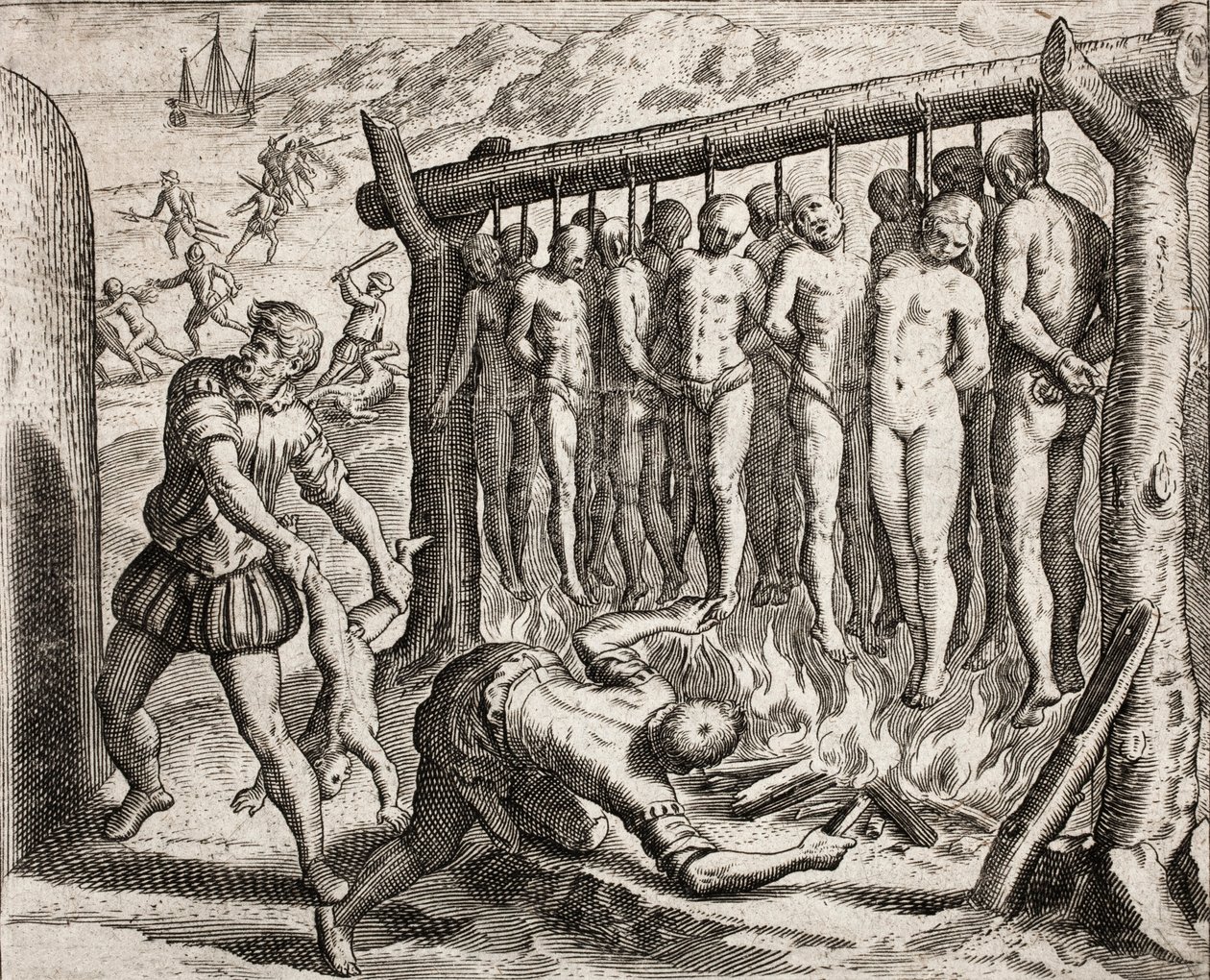 Trzynaście powieszonych i spalonych ofiar, przedstawienie zbrodni dokonanych na Indianach przez hiszpańskich osadników z Bartolome de las Casas (grafika) autorstwa Theodore de Bry