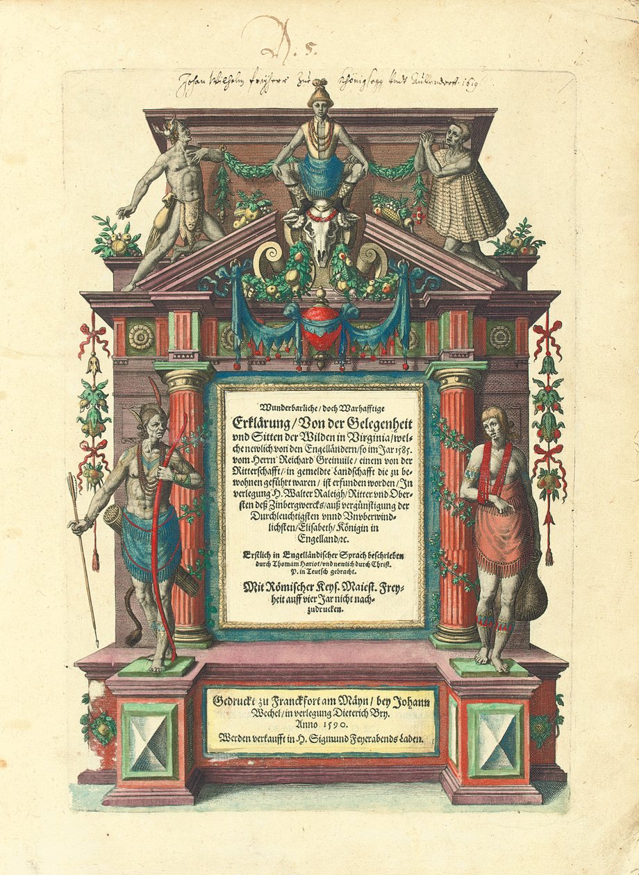 Strona tytułowa pierwszego wydania w języku niemieckim pierwszej części „Wielkich podróży: Ameryka”, 1590 autorstwa Theodore de Bry