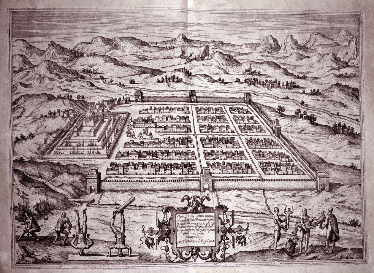 Widok miasta Inków Cuzco, Peru (Grawerowanie autorstwa Theodore de Bry