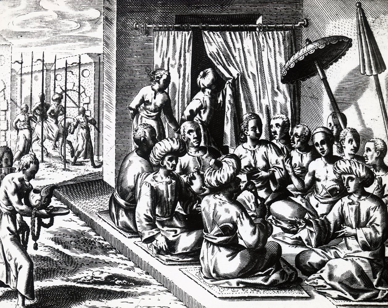 Ceremonia ślubna w Bantam na wyspie Jawa, autorstwa Theodora de Bry (1528-1598). rytownictwo autorstwa Theodore de Bry