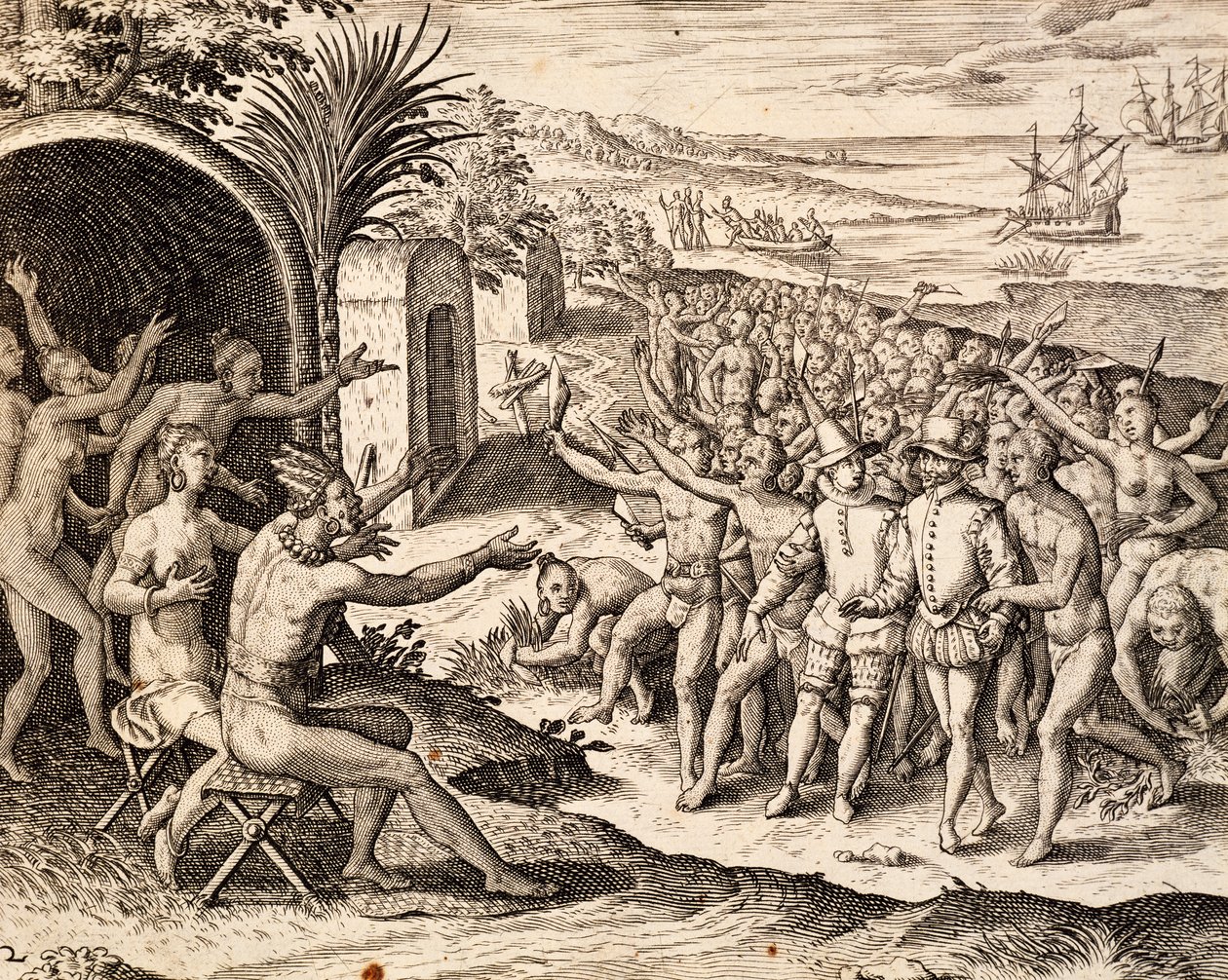 Powitanie holenderski, rycina z pracy India orientalis, Theodor de Bry (1528-1598), Indonezja autorstwa Theodore de Bry