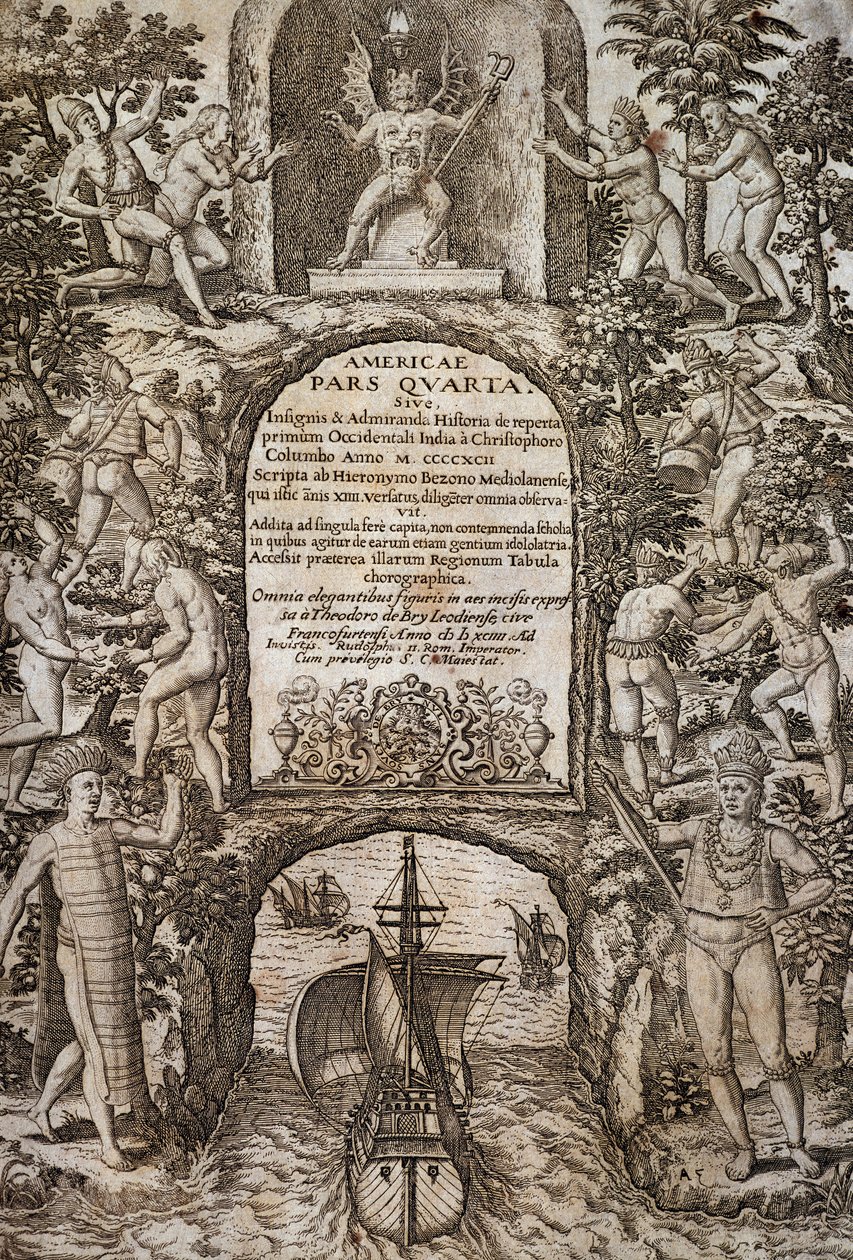 Indie Zachodnie lub Ameryka, Theodor de Bry (1528-1598), frontyspis, grawerowanie autorstwa Theodore de Bry