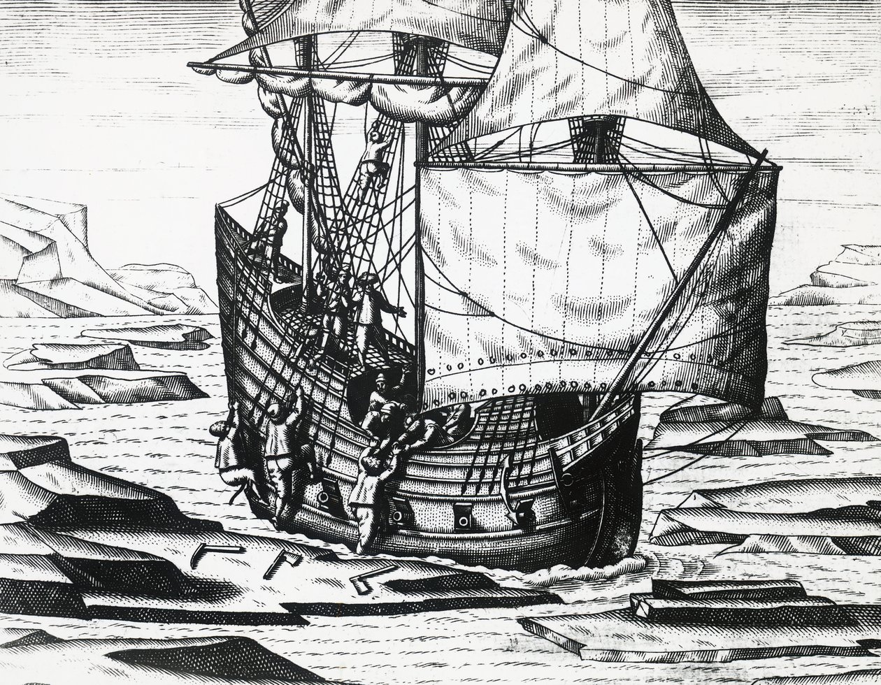 Statek Williama Barentsa (ok. 1550-1597) podczas trzeciej ekspedycji holenderskiej w poszukiwaniu Przejścia Północno-Wschodniego, autorstwa Theodora de Bry (1528-1598), rycina autorstwa Theodore de Bry