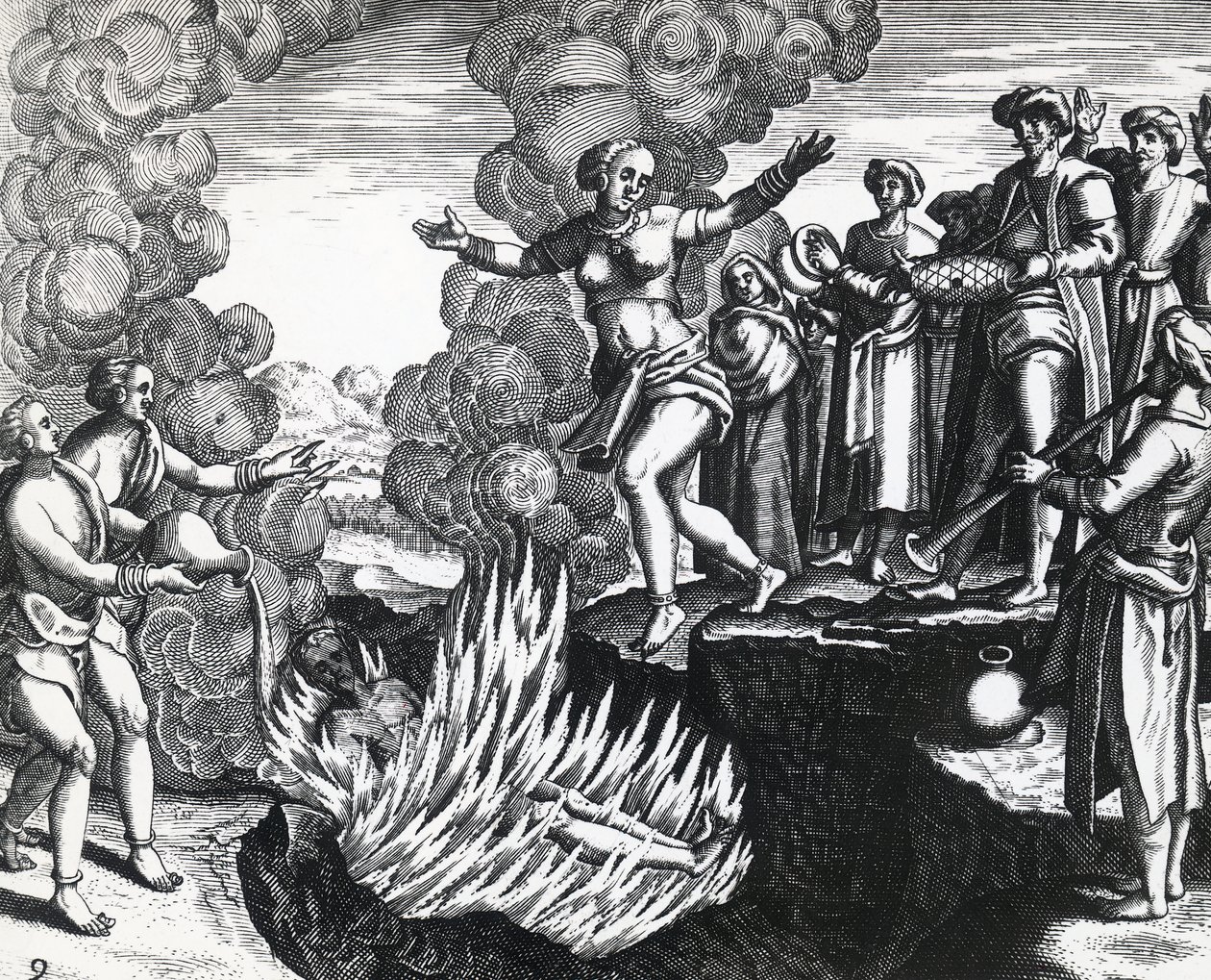 Kobieta rzucająca się na stos męża, Theodor de Bry (1528-1598), rycina autorstwa Theodore de Bry