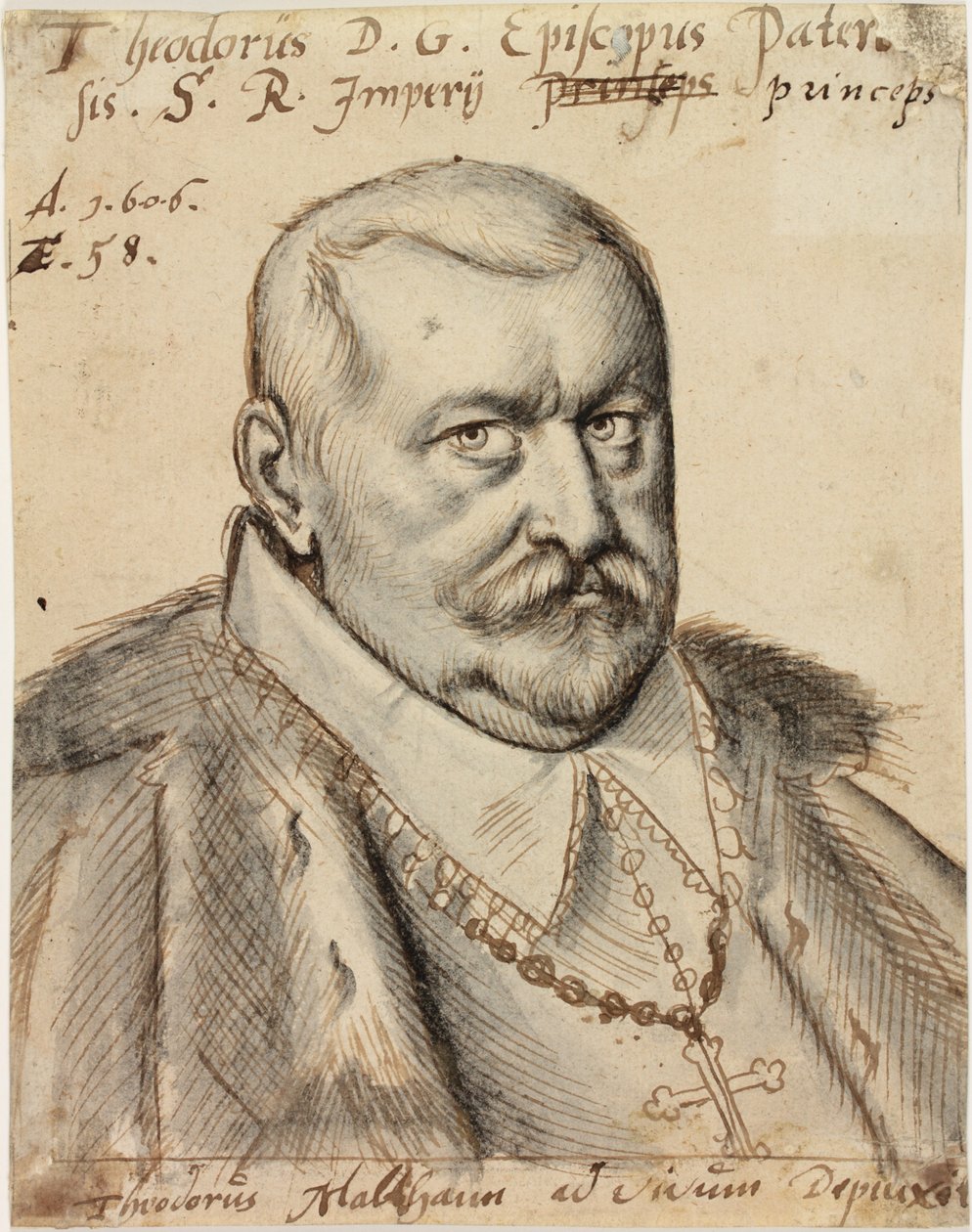 Theodore de Fürstenberg, biskup Paderborn, 1606 (pióro i atrament oraz pranie na papierze) autorstwa Theodorus Malthann