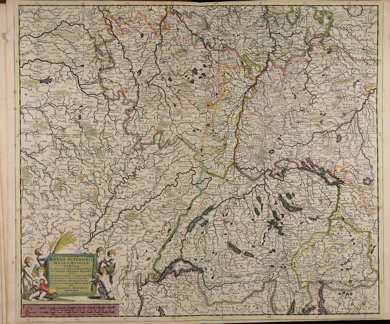 Accuratissima Rheni superioris Mosae et Mosellae tabula ac minores in eosdem in fluentes fluvii cum omnibus adherentibus regionibus sicut archiepiscopatus et electoratus Moguntini et Palatinatus Rheni Lotaringiae Helvetiae Alsatiae Sueviae et comitatus Bur autorstwa Theodorus Danckerts