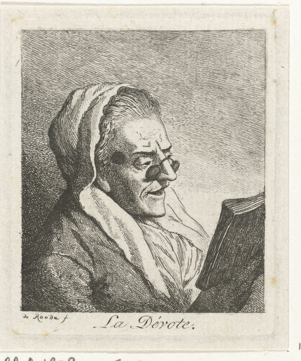 Czytanie starej kobiety z pince-nez La Dévote (tytuł na obiekcie) autorstwa Theodorus de Roode