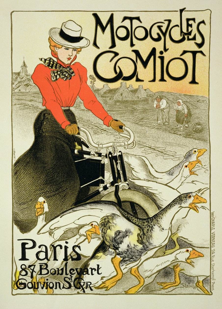 Reprodukcja plakatu reklamującego motocykle Comiot, 1899 autorstwa Théophile Alexandre Steinlen