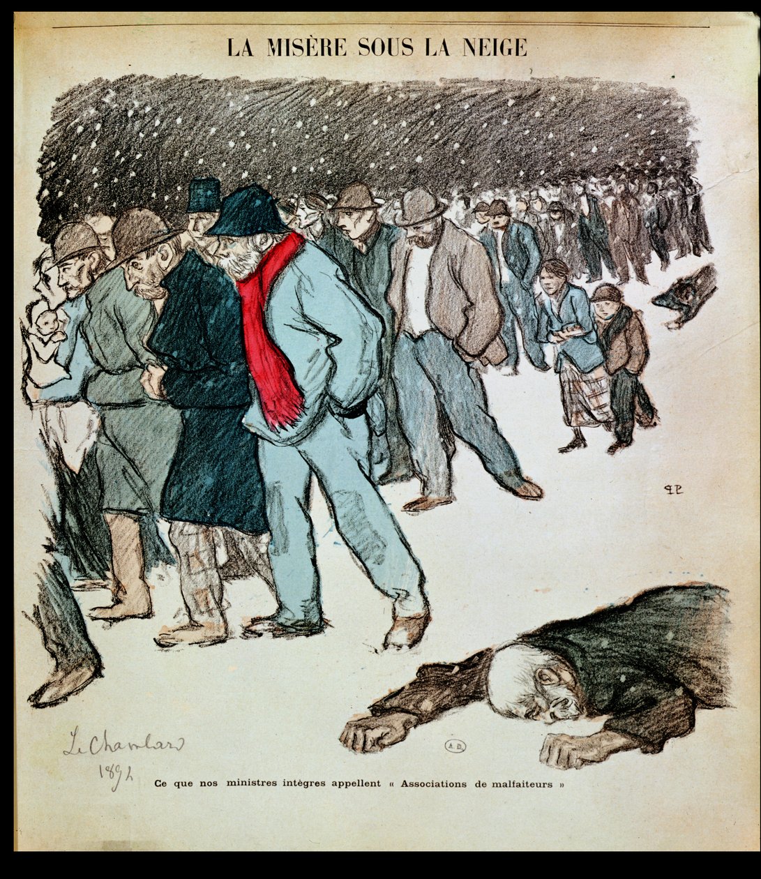 Nędza robotników i bezrobotnych na śniegu, ilustracja z „Le Chambard Socialiste” 1894 autorstwa Théophile Alexandre Steinlen