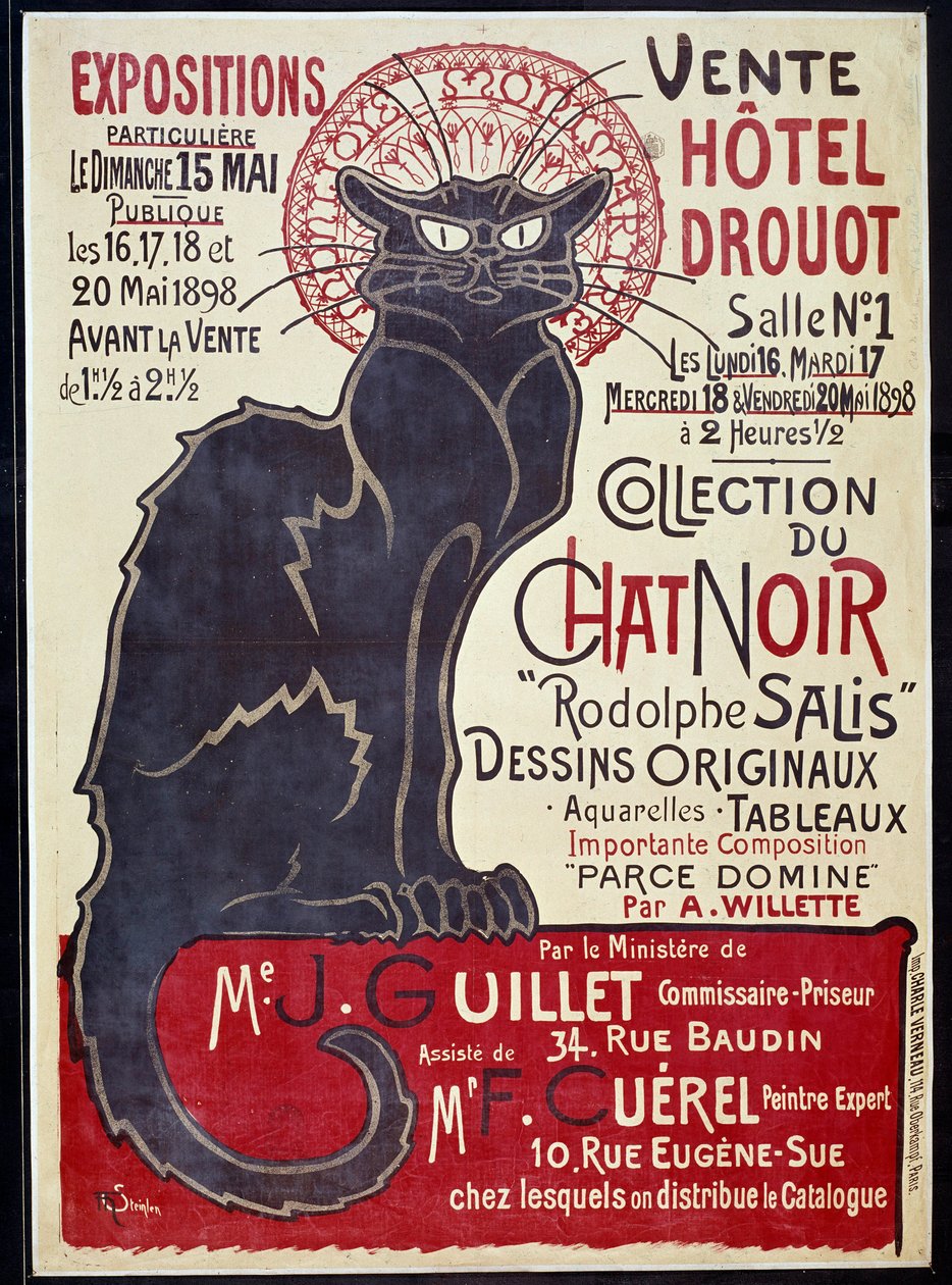 Plakat reklamowy zapowiadający sprzedaż w hotelu Drouot w 1898 r. kolekcji Czarnego Kota i prac Rodolphe Salis, ilustracja Theophile Alexandre Steinlen (1859-1923) autorstwa Théophile Alexandre Steinlen