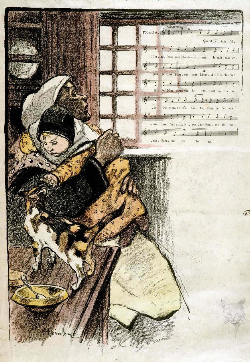 Dziecko w ramionach kobiety bawiącej się z kotem, chore. Steinlen do nut, s.d. 19e s. autorstwa Théophile Alexandre Steinlen