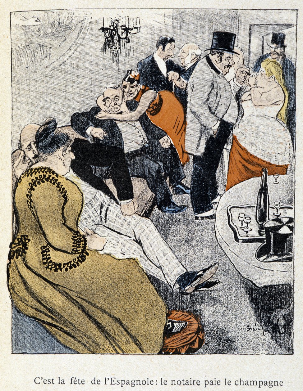Filles et Marlous: To święto Hiszpanów: notariusz płaci szampana – w „Dans la vie” Steinlena 1901 (ten sam rysunek co nr 27695) autorstwa Théophile Alexandre Steinlen