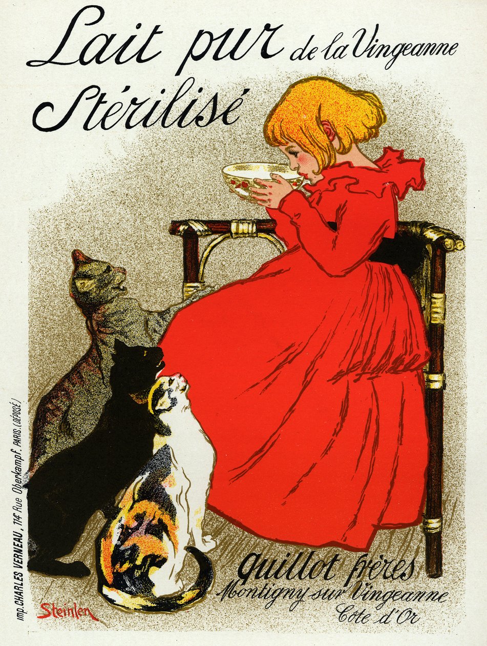 Żywność i napoje. Mleko Vingeanne. Mała dziewczynka z kotami. Plakat Steinlen, Francja, c.1890 (plakat) autorstwa Théophile Alexandre Steinlen